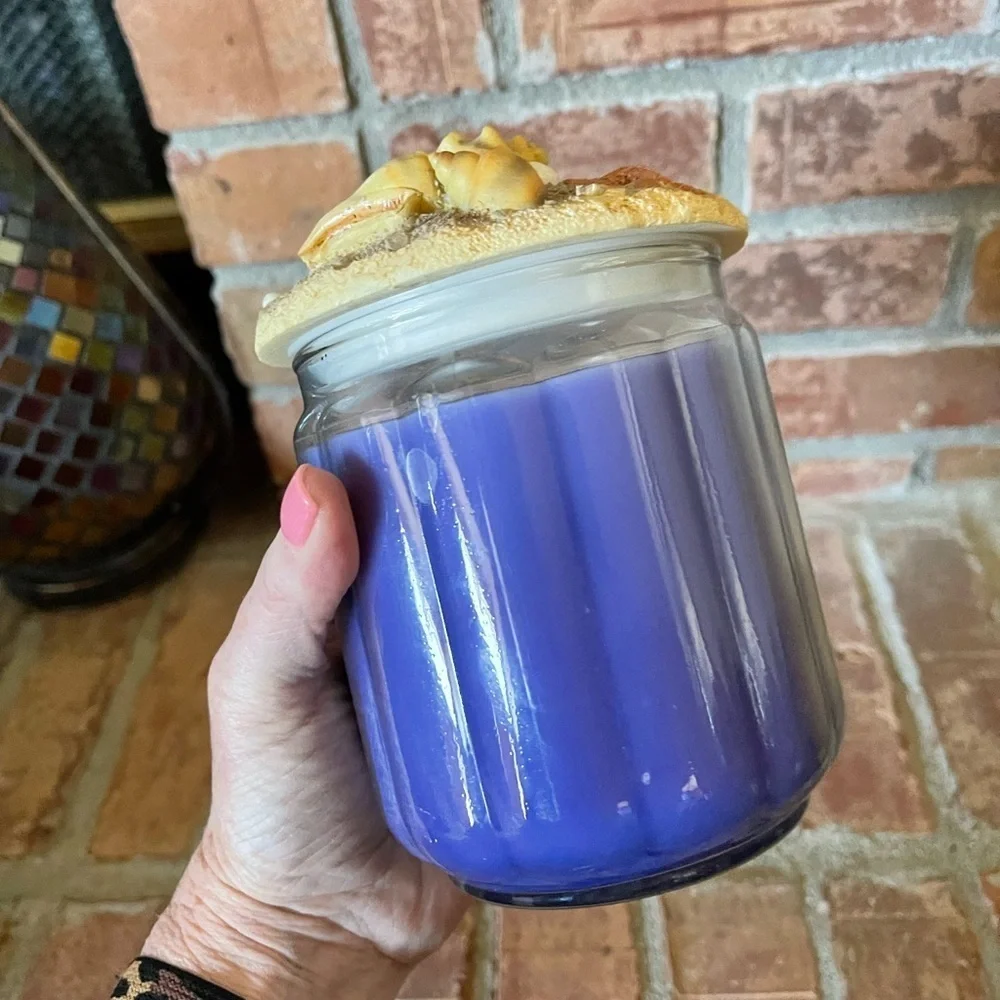 Enchanted Island Blue Candle with Beach Themed Resin Lid